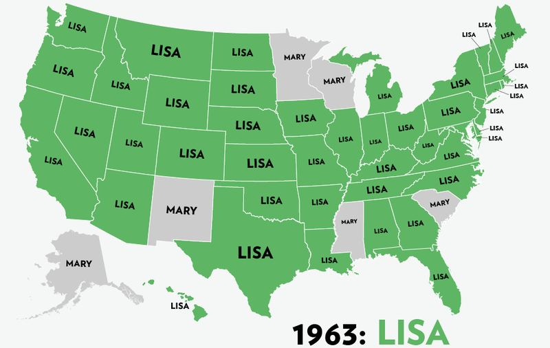 Illustration for article titled Map: Six Decades of the Most Popular Names for Girls, State-by-State